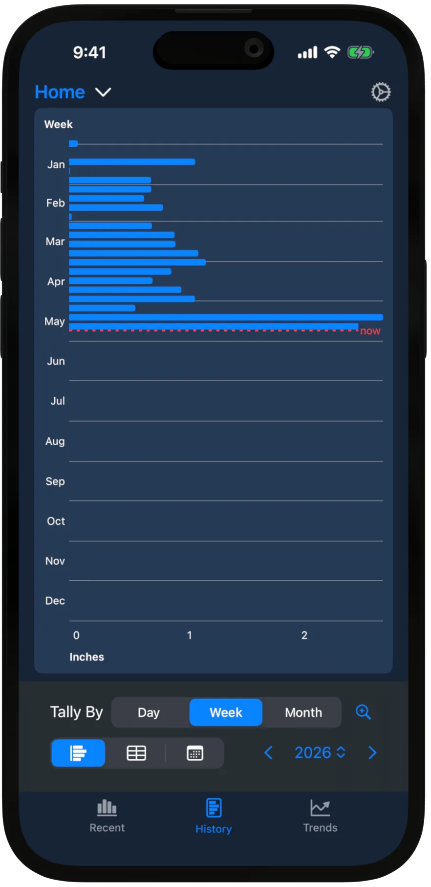 Rain Tally's History screen on iPhone — a full year of rainfall as horizontal bars, one per week, with a Day/Week/Month tally toggle, the running record a single gauge reading can't keep.