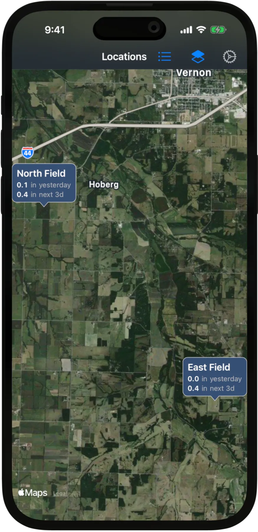 Rain Tally Locations overview in Map mode — pins on a map showing multiple non-street-address spots including a pasture, a field, and a hunting parcel