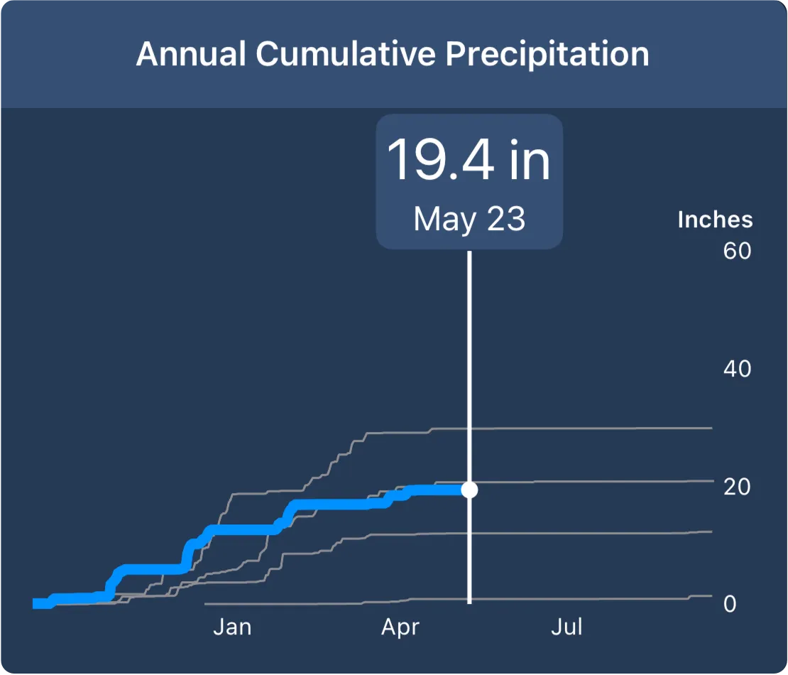 Rain Tally's Trends tab showing an Annual Cumulative Precipitation chart: the current year's running total, 19.4 inches by May 23, as a bold blue curve overlaid on thin gray curves for past years, so the season reads as wet or dry against its own history.